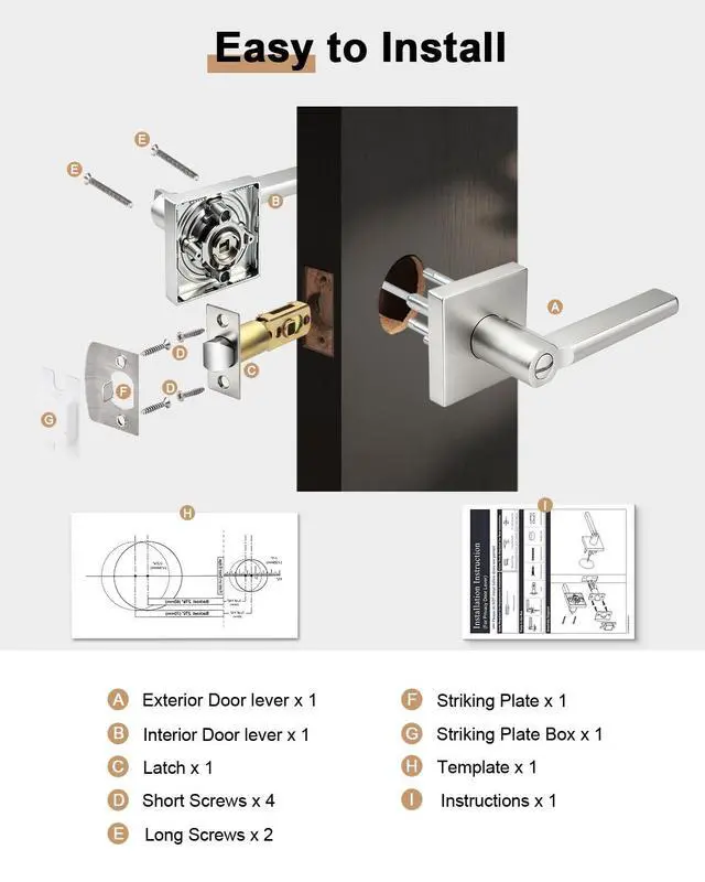 Alt view image 6 of 7 - Door Handle Interior with Lock, Brushed Nickel Bedroom Bathroom Lever, Heavy Duty Square Reversible for Right or Left Side Doors, 1 Pack