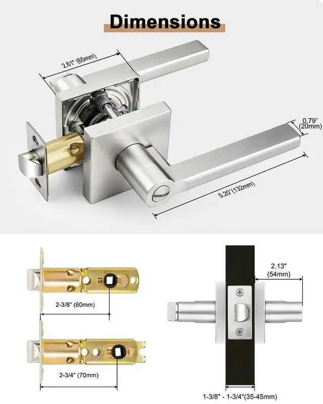 Alt view image 7 of 7 - Door Handle Interior with Lock, Brushed Nickel Bedroom Bathroom Lever, Heavy Duty Square Reversible for Right or Left Side Doors, 1 Pack