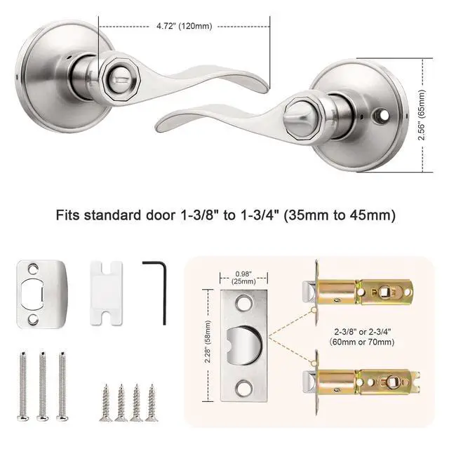 Alt view image 7 of 7 - Door Levers Brushed Nickel Privacy Door Handles Wave Style Keyless Door Handles Bed/Bathroom Interior Door Handles