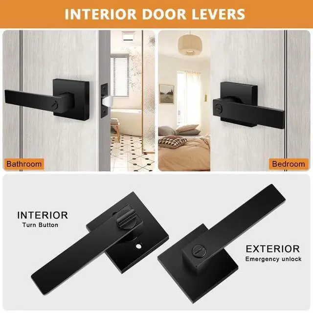 Alt view image 2 of 7 - Black Heavy Duty Interior Door Handle for Bedroom & Bathroom, Keyless Privacy Modern Square Door Lever, 1 Pack, Matte Black Finish