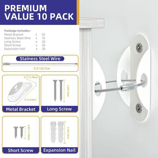 Alt view image 3 of 7 - Furniture Anchors(10 Pack), Furniture Straps for Baby Proofing | Anti Tip Wall Anchor Secure 400 lb, Earthquake Straps for Dressers, Cabinets & Bookcases, Child & Pet Safety, White