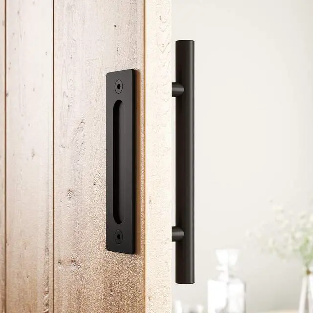 Alt view image 5 of 6 - 12" Heavy Duty Barn Door Handle, Black, Two-Side Design,Round | Pull and Flush Hardware Set, Black Powder Coated Finish, Large Rustic Two-Side Design