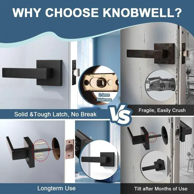 Alt view image 2 of 7 - Matte Black Heavy Duty Interior Door Handle Closet Doorknob, Square Classic Passage Knob Hall and Pantry Door Handle, Left or Right Handing Levers
