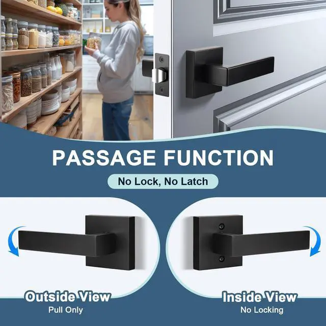 Alt view image 3 of 7 - Matte Black Heavy Duty Interior Door Handle Closet Doorknob, Square Classic Passage Knob Hall and Pantry Door Handle, Left or Right Handing Levers