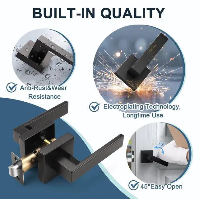 Alt view image 4 of 7 - Matte Black Heavy Duty Interior Door Handle Closet Doorknob, Square Classic Passage Knob Hall and Pantry Door Handle, Left or Right Handing Levers