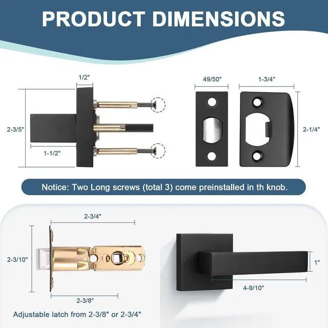 Alt view image 5 of 7 - Matte Black Heavy Duty Interior Door Handle Closet Doorknob, Square Classic Passage Knob Hall and Pantry Door Handle, Left or Right Handing Levers
