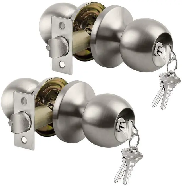 Main image of 2 Pack Keyed Differen Entry Door Knob with Lock, Satin Nickel | Easy Install, Heavy Duty Handle for Exterior Door and Front Door, Standard Ball