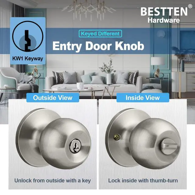Alt view image 5 of 7 - 2 Pack Keyed Differen Entry Door Knob with Lock, Satin Nickel | Easy Install, Heavy Duty Handle for Exterior Door and Front Door, Standard Ball