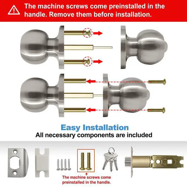 Alt view image 7 of 7 - 2 Pack Keyed Differen Entry Door Knob with Lock, Satin Nickel | Easy Install, Heavy Duty Handle for Exterior Door and Front Door, Standard Ball