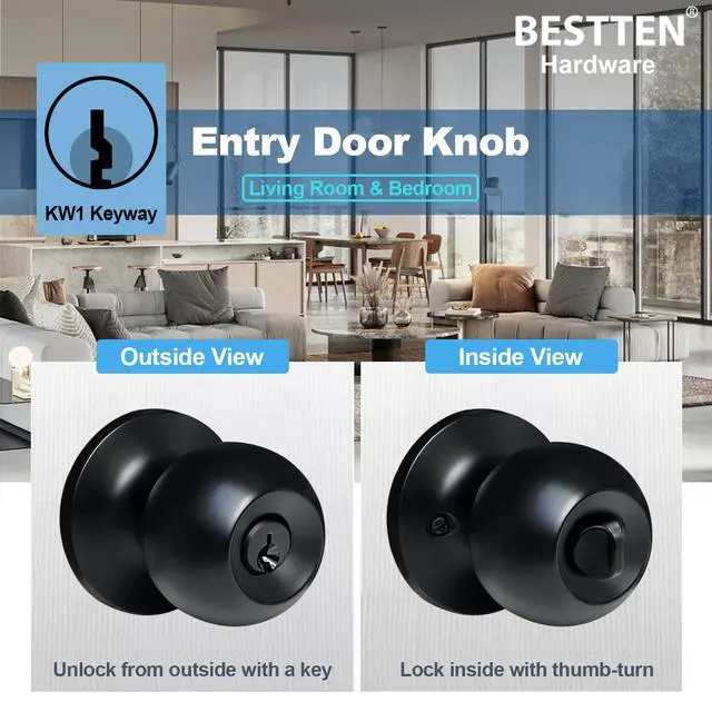 Alt view image 3 of 7 - Keyed Entry Door Knob, Heavy Duty Entrance Door Lock, Matte Black | Easy Installation, Universal design, Reversible Knob, Adjustable Latch