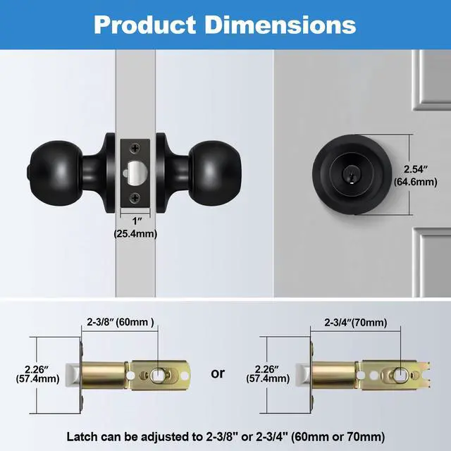 Alt view image 4 of 7 - Keyed Entry Door Knob, Heavy Duty Entrance Door Lock, Matte Black | Easy Installation, Universal design, Reversible Knob, Adjustable Latch