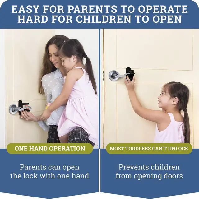 Alt view image 7 of 7 - Door Lever Lock (2 Pack) Prevents Toddlers from Opening Doors. 3.25" L * 1.5" W * 4.5" H Easy One Hand Operation for Adults. Durable ABS with 3M Adhesive Backing. Simple Install, Black