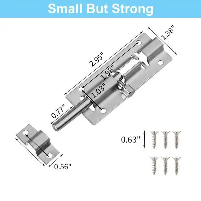 Alt view image 4 of 7 - 2 Pack Barrel Bolt Latch, 3 Inch Stainless Steel Slide Latch Lock | Brushed Finish, Sliding Bolt Lock Latches, Thickened Stainless Steel, Sliding Locks for Door, 12PCS Screws, Easy Installation