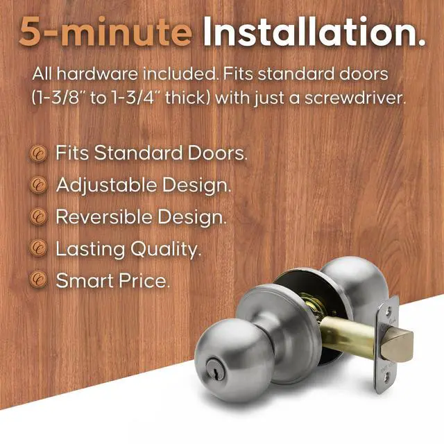Alt view image 2 of 6 - Entry Door Knob Keyed Entry Handle with Lock and Key, ANSI Grade-3 Certified, DIY-Friendly Install for Interior and Exterior Entrance Doors Satin Stainless (1 Pack)