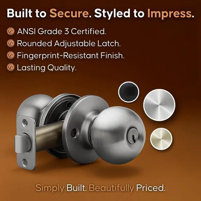 Alt view image 4 of 6 - Entry Door Knob Keyed Entry Handle with Lock and Key, ANSI Grade-3 Certified, DIY-Friendly Install for Interior and Exterior Entrance Doors Satin Stainless (1 Pack)