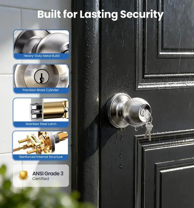 Alt view image 4 of 7 - Keyed Entry Door Knob with Lock for Exterior Interior, Satin Nickel | Heavy-Duty, Rustproof, Easy installation, Scratch-Resistant, ANSI Grade 3, 250K Cycles Test, Left/Right Reversible, Classic