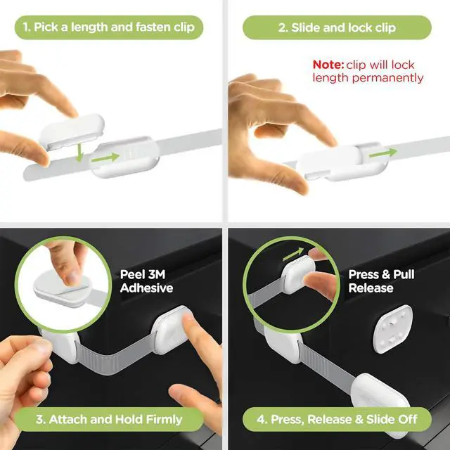 Alt view image 3 of 7 - Child Safety Cabinet Locks, White, 8 Pack | ABS and TPE adhesive latches for cabinets, drawers, ovens and toilet seats; no screws or magnets needed