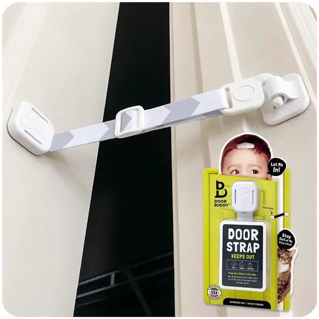 Main image of Baby & Cat Door Latch - Grey. Adjustable Strap Keeps Kids Out of Cat Areas. Simple Child Safety Lock for Doors. The Easier Baby Gate and Kitty Door Interior Alternative.