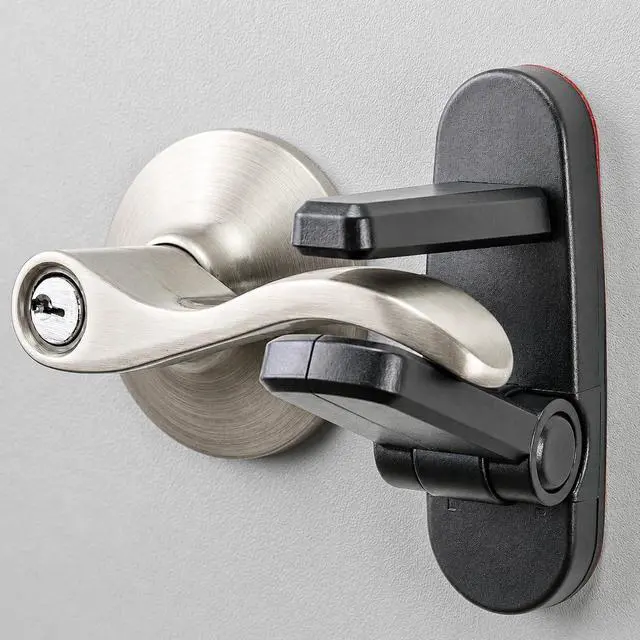 Main image of Door Lever Lock (2 Pack) Prevents Toddlers from Opening Doors. 3.25" L * 1.5" W * 4.5" H Easy One Hand Operation for Adults. Durable ABS with 3M Adhesive Backing. Simple Install, Black