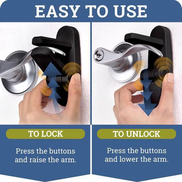 Alt view image 2 of 7 - Door Lever Lock (2 Pack) Prevents Toddlers from Opening Doors. 3.25" L * 1.5" W * 4.5" H Easy One Hand Operation for Adults. Durable ABS with 3M Adhesive Backing. Simple Install, Black