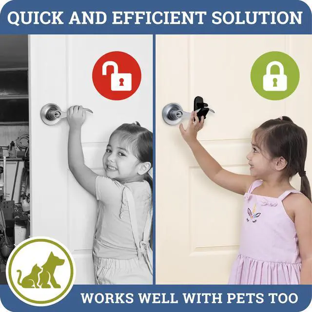 Alt view image 4 of 7 - Door Lever Lock (2 Pack) Prevents Toddlers from Opening Doors. 3.25" L * 1.5" W * 4.5" H Easy One Hand Operation for Adults. Durable ABS with 3M Adhesive Backing. Simple Install, Black