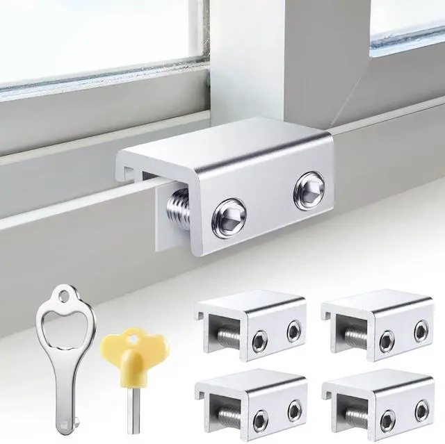 Main image of Window Locks Security, Anti-Fall Aluminum Window Stopper (4 Sets) | Window Locks for Up and Down Windows & Horizontal Windows, Sturdy Sliding Window Locks Protect Your Family and Pets