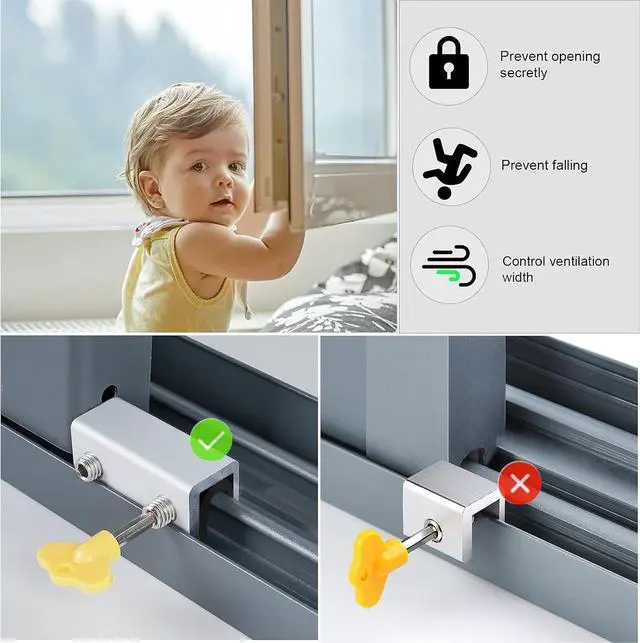 Alt view image 4 of 7 - Window Locks, 4 Sets Sliding Security Window Lock with Key for Vertical & Horizontal Sliding Windows & Sliding Doors, Adjustable Window Locks Security Window Stoppers for Patio Bedroom Home and Office