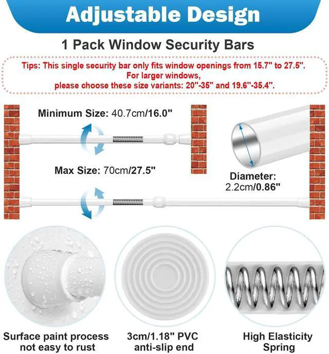 Alt view image 2 of 7 - 1Pack Window Security Bar Adjustable Sliding Lock Security Stick for Rubber Tips, Adjustable Sliding Glass Door Lock Bars 15.7''-27.5'' Tension Rods 1.2'' Diameter Window Safety Lock Bar