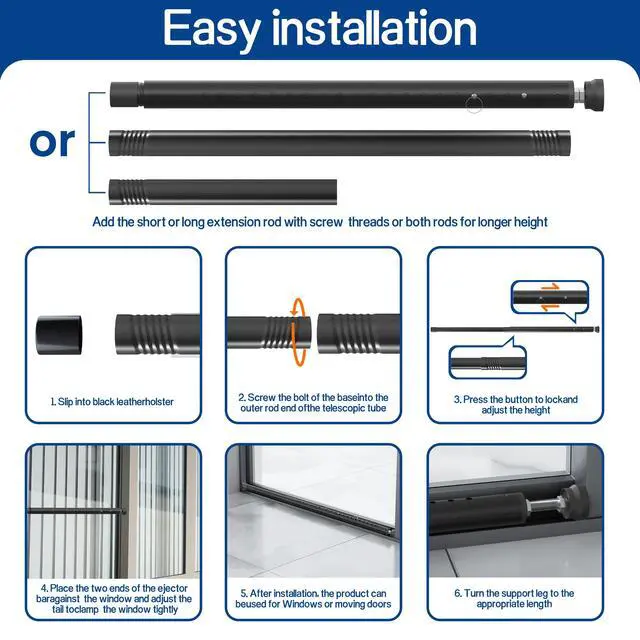 Alt view image 5 of 7 - Sliding Door Security Bar,Window Inside Security Bar,17-50 Inch Adjustable Patio Glass Door/Window Lock Bar for Burglar Prevention/Child Safety,Window Stopper for Sliding/Vertical Windows - Black-1Pcs