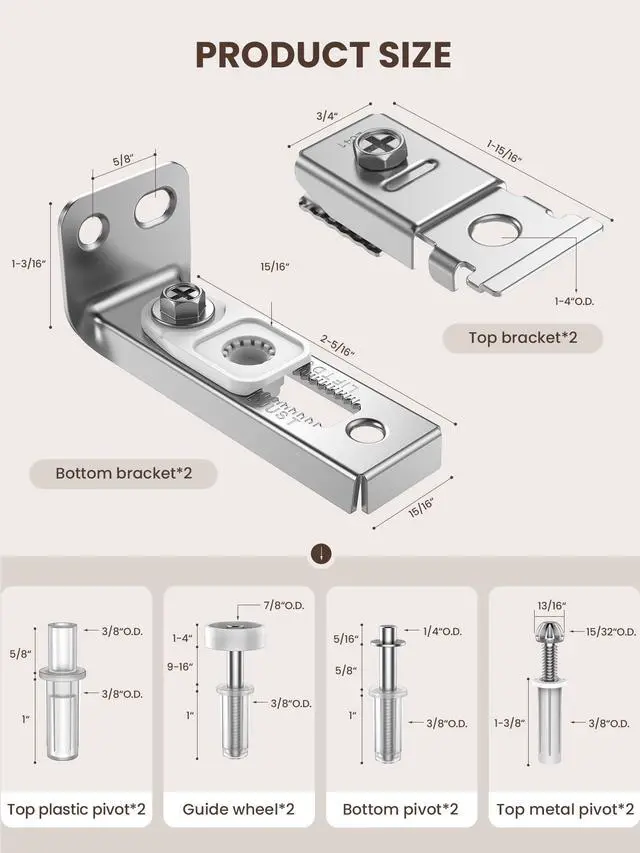 Alt view image 2 of 7 - Bifold Door Hardware Repair Kit - 2 Pack Bi-fold Sliding Closet Door Hardware Kit for 7/8" to 1" Track, Folding Pocket Door Replacement Parts Set Include Top Bottom Pivots Bracket and Guide Wheel