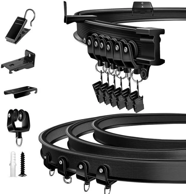 Main image of Ceiling Curtain Track, Flexible Bendable Curtain Track 10Ft Black Curved Curtain Rail Ceiling Wall Mount Curtain Sliding Track System Set for RV, Bay Window, Room Divider