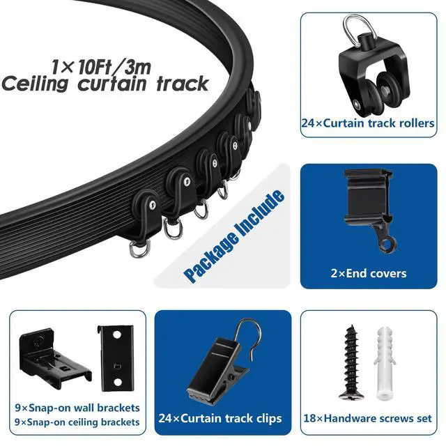Alt view image 2 of 7 - Ceiling Curtain Track, Flexible Bendable Curtain Track 10Ft Black Curved Curtain Rail Ceiling Wall Mount Curtain Sliding Track System Set for RV, Bay Window, Room Divider