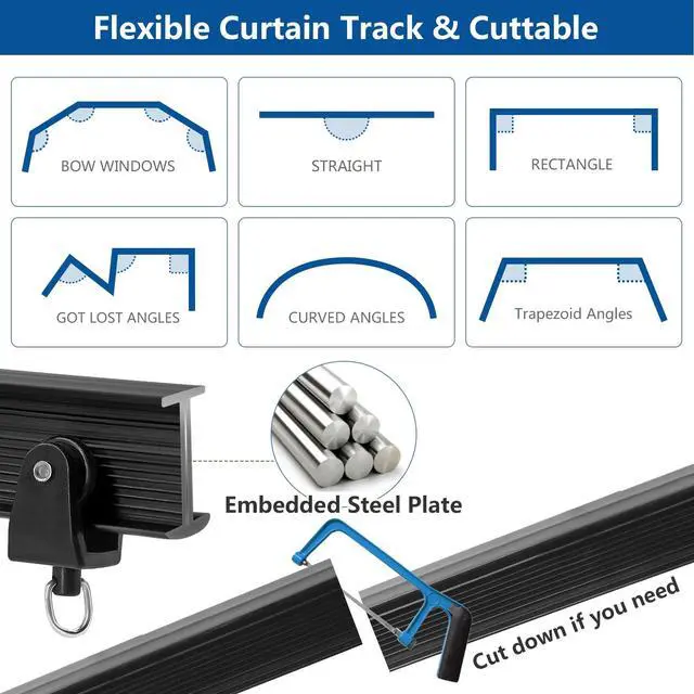 Alt view image 4 of 7 - Ceiling Curtain Track, Flexible Bendable Curtain Track 10Ft Black Curved Curtain Rail Ceiling Wall Mount Curtain Sliding Track System Set for RV, Bay Window, Room Divider