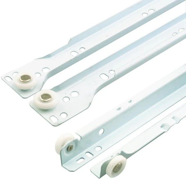 Main image of MP7210 Drawer Slide Kit Replace Drawer Track Hardware Self-Closing Design Fits Most Bottom/ Side-Mounted Drawer Systems 15-3/4 In. Steel Tracks, Plastic Wheels, White (1 Pair)