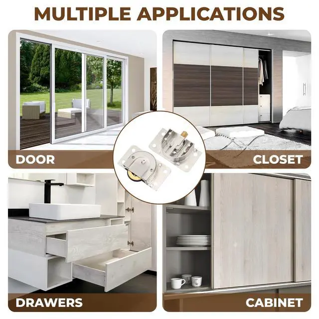 Alt view image 6 of 7 - 338 Sliding Cabinet Door Hardware Silver Stainless Steel Cabinet Hanging Single Wheel Rollers, Zinc Alloy Pulley Track Set for Closet Wardrobe, Top & Bottom Replacement Home Furniture