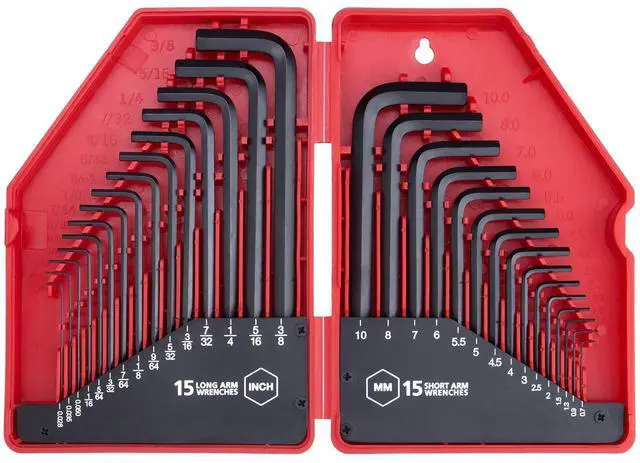Main image of 30-Piece Premium Hex Key Allen Wrench Set, SAE and Metric Assortment, L Shape, Chrome Vanadium Steel, Precise and Chamfered Tips | SAE 0.028-3/8 inch, Metric 0.7-10 mm | In Storage Case