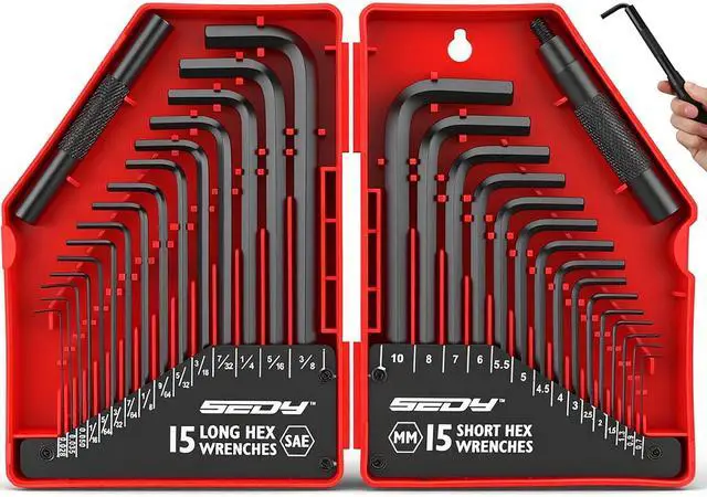 Main image of 32-Piece Hex Key Wrench Set, Metric and SAE Allen Wrenches (0.028-3/8 inch, 0.7-10 mm) L Shape Allen Keys, Chrome Vanadium Steelwith 2x Extension Handle