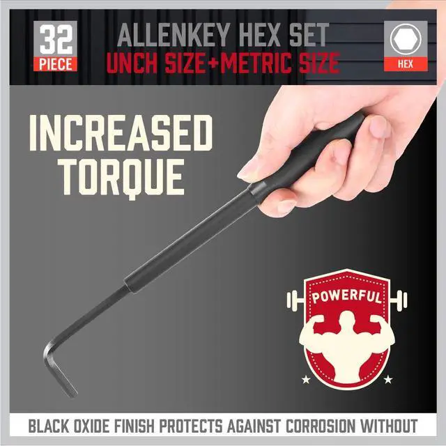 Alt view image 4 of 7 - 32-Piece Hex Key Wrench Set, Metric and SAE Allen Wrenches (0.028-3/8 inch, 0.7-10 mm) L Shape Allen Keys, Chrome Vanadium Steelwith 2x Extension Handle
