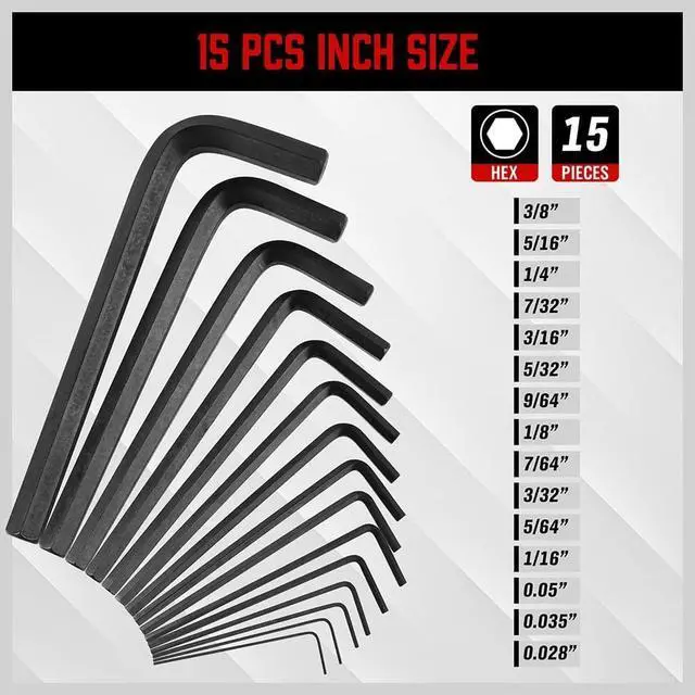 Alt view image 3 of 7 - 32-Piece Hex Key Wrench Set, Metric and SAE Allen Wrenches (0.028-3/8 inch, 0.7-10 mm) L Shape Allen Keys, Chrome Vanadium Steelwith 2x Extension Handle