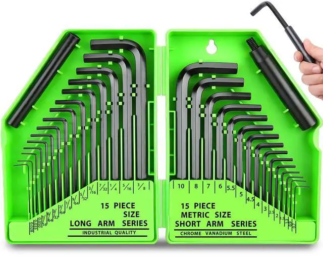Main image of 32-Piece Hex Key Allen Wrench Set, SAE and Metric Allen Keys MM(0.7mm-10mm) SAE(0.028"-3/8), L Shape, Chrome Vanadium Steel, Easy Organization