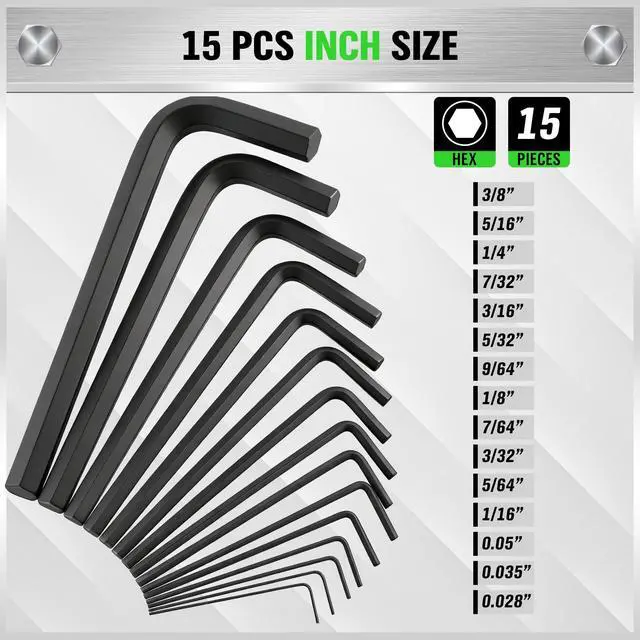 Alt view image 3 of 7 - 32-Piece Hex Key Allen Wrench Set, SAE and Metric Allen Keys MM(0.7mm-10mm) SAE(0.028"-3/8), L Shape, Chrome Vanadium Steel, Easy Organization