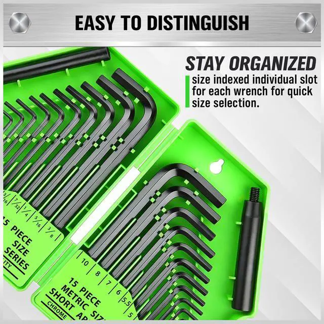 Alt view image 6 of 7 - 32-Piece Hex Key Allen Wrench Set, SAE and Metric Allen Keys MM(0.7mm-10mm) SAE(0.028"-3/8), L Shape, Chrome Vanadium Steel, Easy Organization