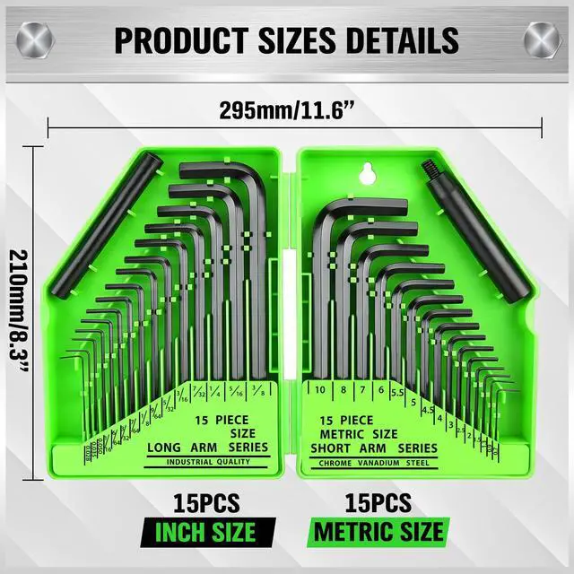 Alt view image 7 of 7 - 32-Piece Hex Key Allen Wrench Set, SAE and Metric Allen Keys MM(0.7mm-10mm) SAE(0.028"-3/8), L Shape, Chrome Vanadium Steel, Easy Organization