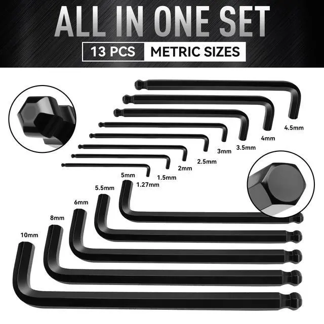 Alt view image 7 of 7 - 13 Pieces Hex Key Allen Wrench Set Metric Size with Ball End | 1.27-10 MM, Long Arm Ball Design, Chrome Vanadium Steel