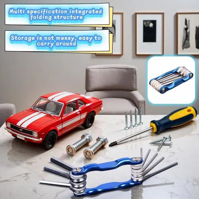 Alt view image 2 of 7 - Professional 8-in-1 Folding Hex Key Set, CR-V Steel Metric Allen Wrench Multi-Tool, Blue, 1.5-6mm, Compact Design with Carabiner for Bike, Auto, Furniture Repair