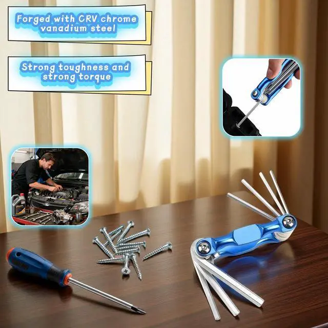 Alt view image 3 of 7 - Professional 8-in-1 Folding Hex Key Set, CR-V Steel Metric Allen Wrench Multi-Tool, Blue, 1.5-6mm, Compact Design with Carabiner for Bike, Auto, Furniture Repair