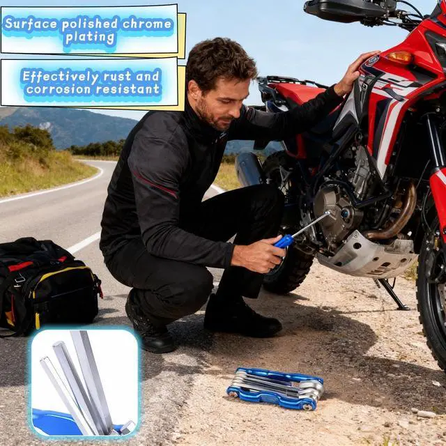 Alt view image 4 of 7 - Professional 8-in-1 Folding Hex Key Set, CR-V Steel Metric Allen Wrench Multi-Tool, Blue, 1.5-6mm, Compact Design with Carabiner for Bike, Auto, Furniture Repair