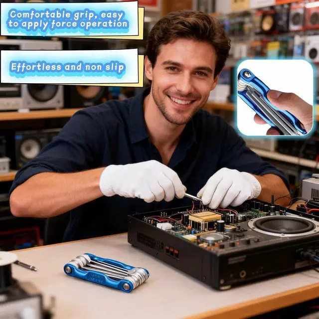 Alt view image 5 of 7 - Professional 8-in-1 Folding Hex Key Set, CR-V Steel Metric Allen Wrench Multi-Tool, Blue, 1.5-6mm, Compact Design with Carabiner for Bike, Auto, Furniture Repair