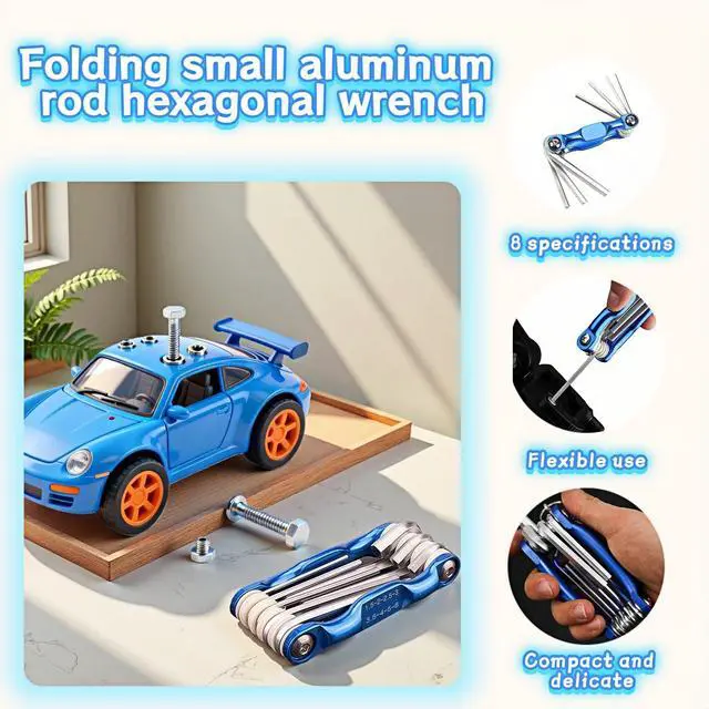 Alt view image 7 of 7 - Professional 8-in-1 Folding Hex Key Set, CR-V Steel Metric Allen Wrench Multi-Tool, Blue, 1.5-6mm, Compact Design with Carabiner for Bike, Auto, Furniture Repair