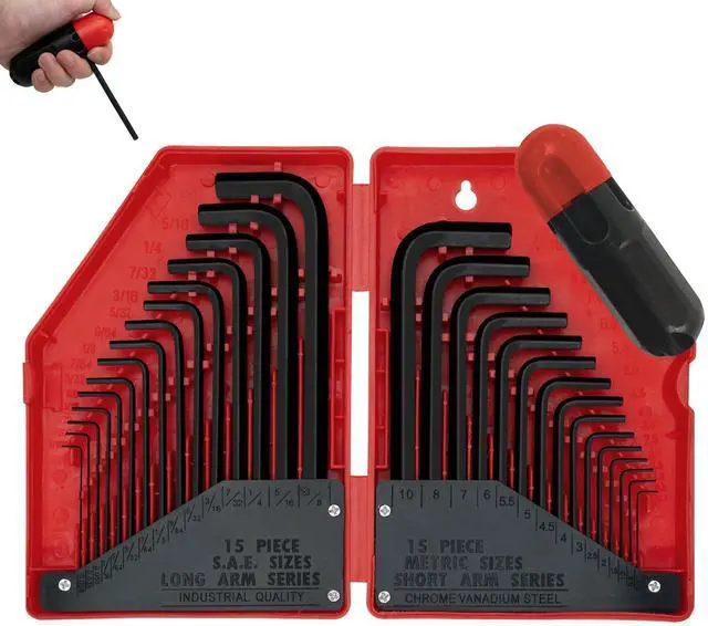 Main image of 31-Piece Hex Key Wrench Set, Metric and SAE Allen Wrenches (0.028-3/8 inch, 0.7-10 mm) L Shape Allen Keys, Chrome Vanadium Steel